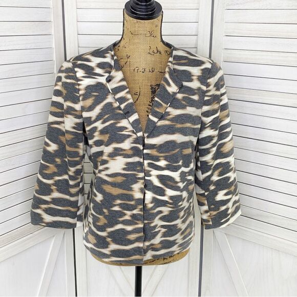 East 5th Animal Leopard Print Ponte Knit Crop Blazer Jacket White Tan Medium - Picture 1 of 14